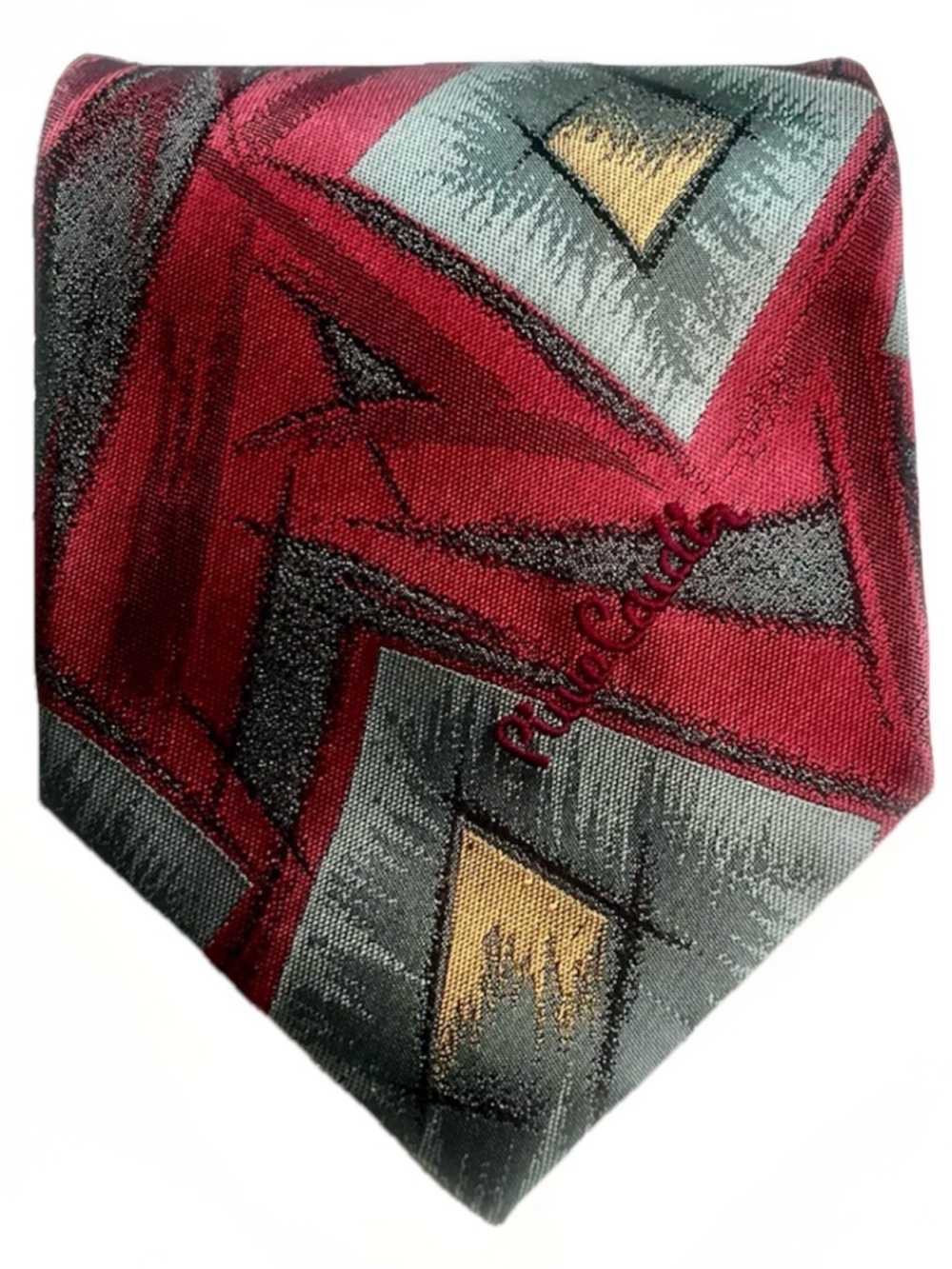 Pierre Cardin 100% Silk Designer Luxury Tie‎ Burgundy Geometric Vintage Necktie